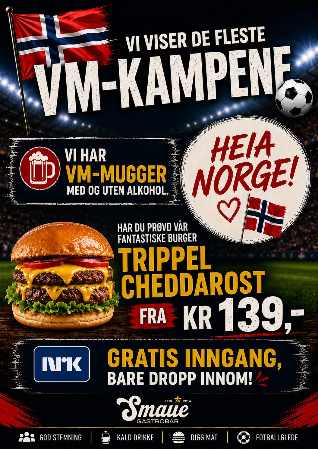 Smaue bar GRimstad pub bar viser VM inne og ute på storskjerm.
